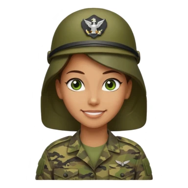 Apple-style emoji: female soldier, bust, no cap/helmet, friendly smile, generic camo top,  sticker