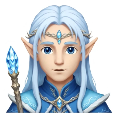 Legendary fantasy Christmas elf portrait icon, Santa Claus and Snow Maiden inspired, ancient winter spirit style, long flowing white-blue hair, glowing frost eyes, crystal staff, elegant elven features, divine winter magic aura, icy silver color palette, highly detailed but clean emoji icon male sticker