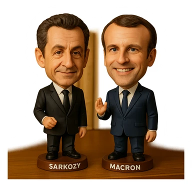 bobblehead style figures of Nicolas Sarkozy and Emmanuel Macron standing side by side sticker