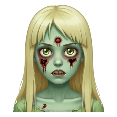 zombie girl with pale green skin, visible wounds, long blonde hair with straight bangs, dead eyes sticker