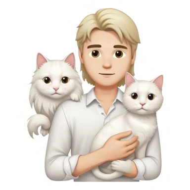 A young handsome Caucasian man in a white shirt holds a long-haired white cat sticker