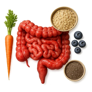 intestino umano anatomico infiammato al centro con carota, bowl di avena, mirtilli, bowl di semi di chia che gli fluttuano intorno , iperrealistico 4k sticker