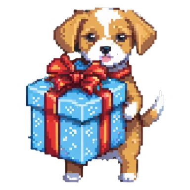 dog carrying a wrapped gift sticker