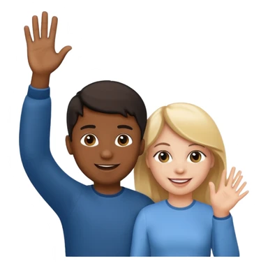 black boy and white girl, waving together, apple style emoji sticker