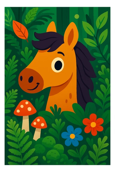 Add more forest details around the cute horse head, such as ferns, moss, mushrooms, and leafy branches, in vibrant toon style with bright colors, playful expression, surrounded by forest elements. sticker