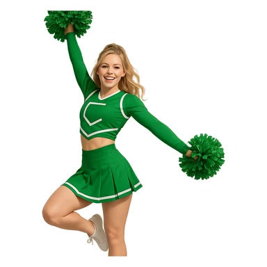 smiling blonde cheerleader, Kelly green uniform, mid-routine, vibrant and lively, modern competition look sticker