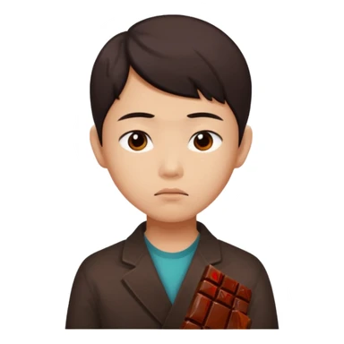A young Asian dieter with a gloomy expression, thinking of chocolate sticker