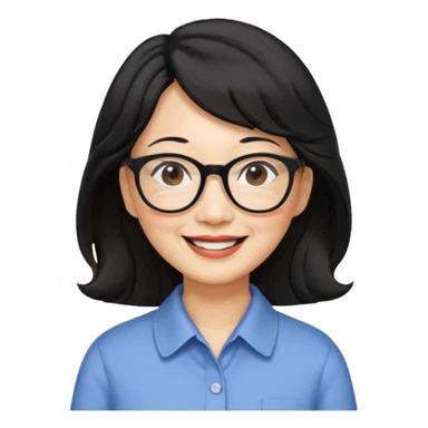60 yr old asian woman, wavy thick black hair past shoulder length, side part, side swept bang, big smile, collared shirt, long hair, glasses sticker