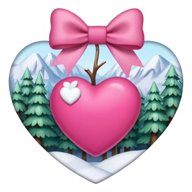 heart with a snowy forest, pink bow with heart pattern on the bow, apple emoji style sticker