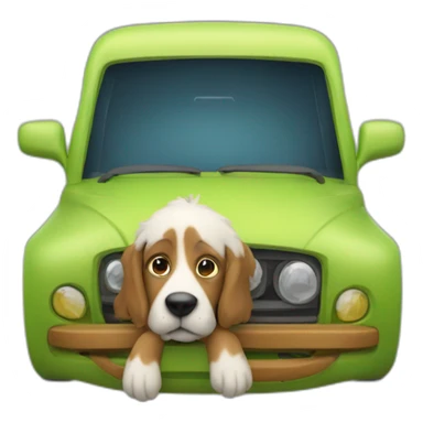 In the car, a dog with a parrot on its nose peeks out of the onyuk sticker