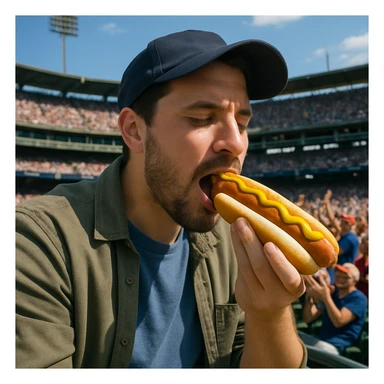 man eating a hot dog at a baseball game sticker