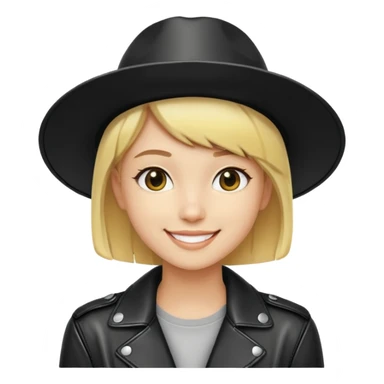 nam 20 tuổi, da vàng, tóc ngắn màu vàng, đội mũ màu đen, mặt cười tươi, khoác áo da màu đen bóng sticker