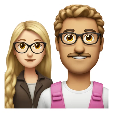 White man with brown hair and mustache next to white girl with brown hair and pink glasses sticker