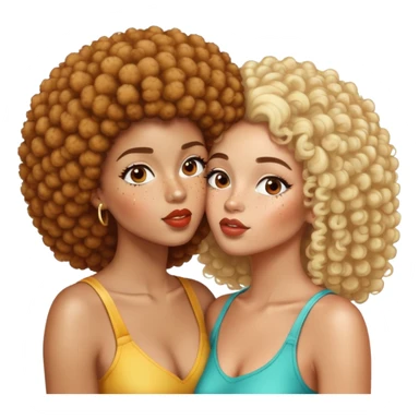Light skin woman with freckles kissing brown skin woman with an Afro with blonde highlights sticker