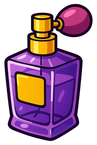 purple perfume bottle, stylized, shiny glass effect, vibrant toon style sticker