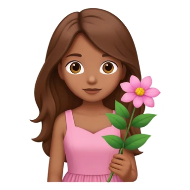 brown long haired girl in pink dress with a flower sticker