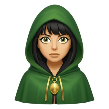 claudia winkleman with a heavy fringe and a fake tan as a traitor with a green hooded cloak with a gold clasp and dark black eyeliner sticker