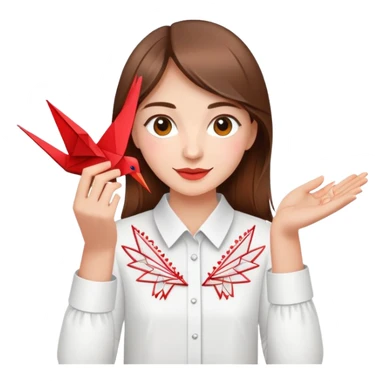 A happy Ukrainian young girl with brown hair in a white embroidered shirt makes an origami red crane craft sticker