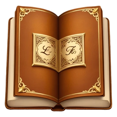 "An open antique leather-bound book with golden edges and calligraphy, detailed embossing, Victorian style, warm brown and gold palette." sticker