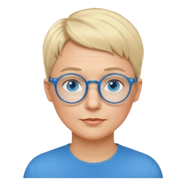 woman 50 years old, very short blonde hair like a man, blue eyes and blue round glasses sticker