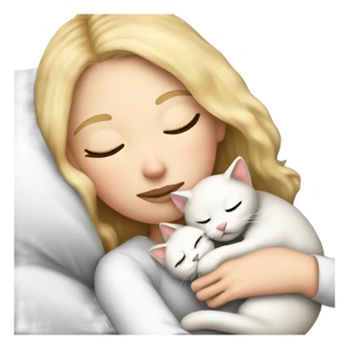 White girl blonde hair sleeping in bed with a kitty in arms. kitty has black and white markings sticker