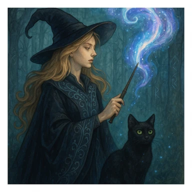 A detailed illustration of a blonde witch with a black cat, casting a spell sticker