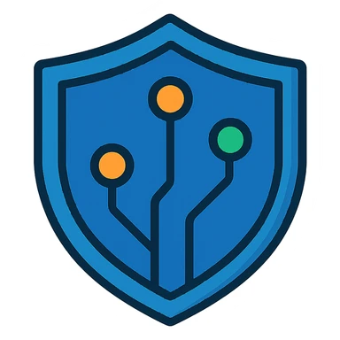 modern security shield icon, clean geometric shield shape, subtle circuit board patterns or connection nodes integrated, trustworthy deep blue primary color with accent of warm orange or green, flat design with slight depth, suitable for favicon and app icon, represents IT security and reliability in social care sticker