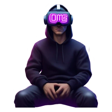 Russian man wearing a black hoodie with "OMG" letters on it and VR headset in a cyberpunk VR environment with violet neon lighting. sticker