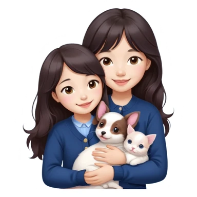 Cute asain girl with a cute smile, long dark brown wavy hair, straight bangs covering forehead, pink blushy cheeks. Wearing a cute navy blue cardigan,. Cuddling a white kitten and dashund puppy  sticker