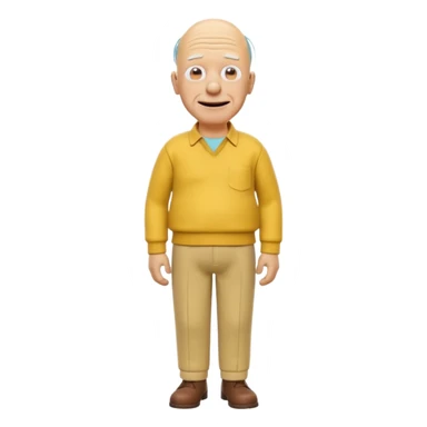 A 3D cartoon elderly man entirely yellow, styled like Grandpa Simpson, bald head with few hair strands, wrinkled face, yellow shirt and trousers, kind smile, cinematic Memoji-style render matching other Simpsons characters. sticker