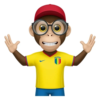 Un mono con gestos humanos con uniforme de la selección de futbol boliviano con lentes de aumento y gorra sticker