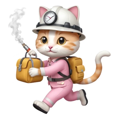 A cute white and pink cat dressed as engineer with a white helmet running very fast carrying her cute bag leaving a smoking footsteps sticker