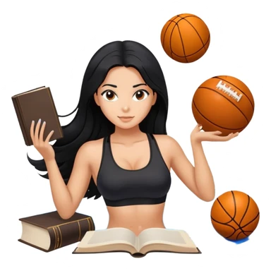 differemt hobbies floating back ground, 1 book, art, and sports, tanned long black hair woman, sexy black sports bra  sticker
