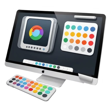 digital screen showing a basic logo being edited, with vector handles and a color palette sticker