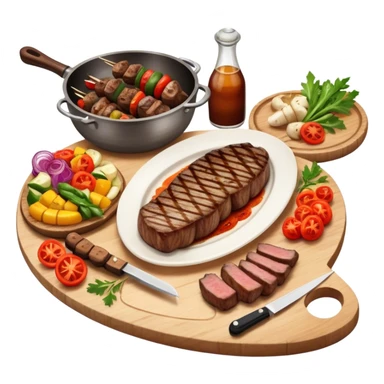 icon featuring a chef’s hat, a cutting board with fresh ingredients, a knife, a beautifully cooked ribeye steak, shashlik skewers, and a plate of food in the making. The design captures the passion of cooking with warm, inviting colors, and realistic textures. Transparent background. sticker
