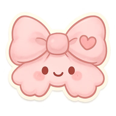 chibi style bow, pastel pink, soft fabric, cute and fluffy, kawaii style, heart motif sticker