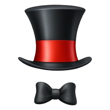 A black top hat displaying a red ribbon around the base. The ribbon forms a visible bow at the front, with the ends falling slightly over  sticker