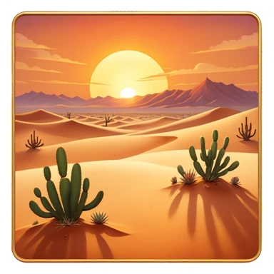 Cinematic Realistic Desert Emoji in a frame, Expansive and arid, with vast stretches of golden sand dunes and scattered cacti, the sun casting a warm, almost orange glow over the dry, cracked earth. The horizon blurs into a heat shimmer, while the occasional desert flower adds a splash of color to the barren landscape. Soft glowing outline, capturing the essence of the harsh yet stunning beauty of the desert, calm and quiet, filled with silence and mystery. sticker
