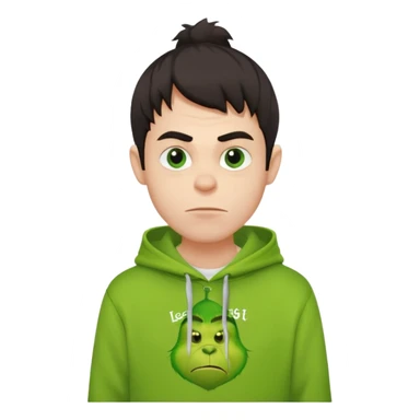 Create an avatar of white European with dark hair  male in hoodie with ``BST`` letters on it. Make background to look like from movie Grinch sticker