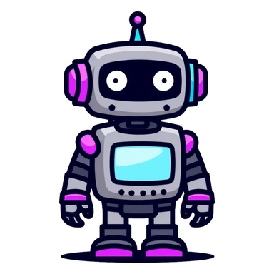 chatbot robot in gray color, with neon glow lines, blue neon glow on top left, purple neon glow on bottom right sticker