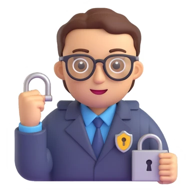 security engineer emoji, wearing glasses, holding a lock, techy background sticker