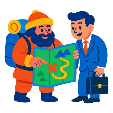 vibrant toon style sherpa showing a businessperson a map, energetic colors sticker