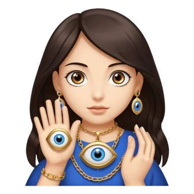A girl with dark brown hair is holding a huge evil eye amulet in her hand. sticker