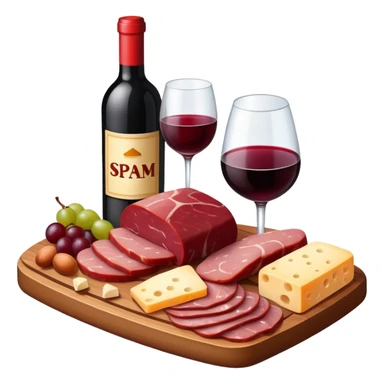 SPAM MEAT charcuterie with fruit and a bottle of wine sticker