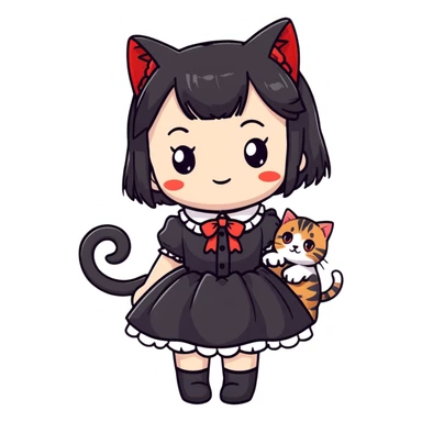 girl wearing black Lolita style dress, with medium-length black hair with red tips, and an American Shorthair tabby cat sticker