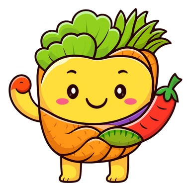 Cute cartoon representation of dietary fiber with happy vegetables, fruits, and whole grains linked by fibrous strands, with a smiling intestine character showing improved digestive health sticker