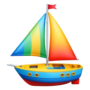 A colorful toy sailboat with a cute smiling face on the bow sticker
