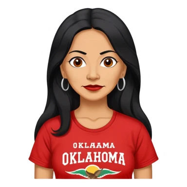 50 year old Mexican woman long hair in a red “OKLAHOMA” t-shirt sticker
