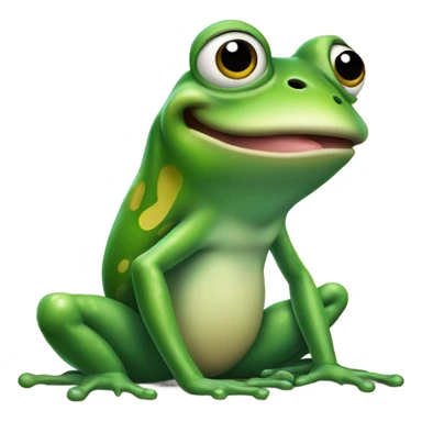 Frog sitting face front on his leg with his tongue whipped out to catch a little fly sticker