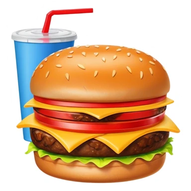A clean and simple icon of fast food in emoji-style illustration. A burger with fries and a soda cup, bright and bold colors, simple shapes, flat design, high contrast, inviting and appetizing. sticker